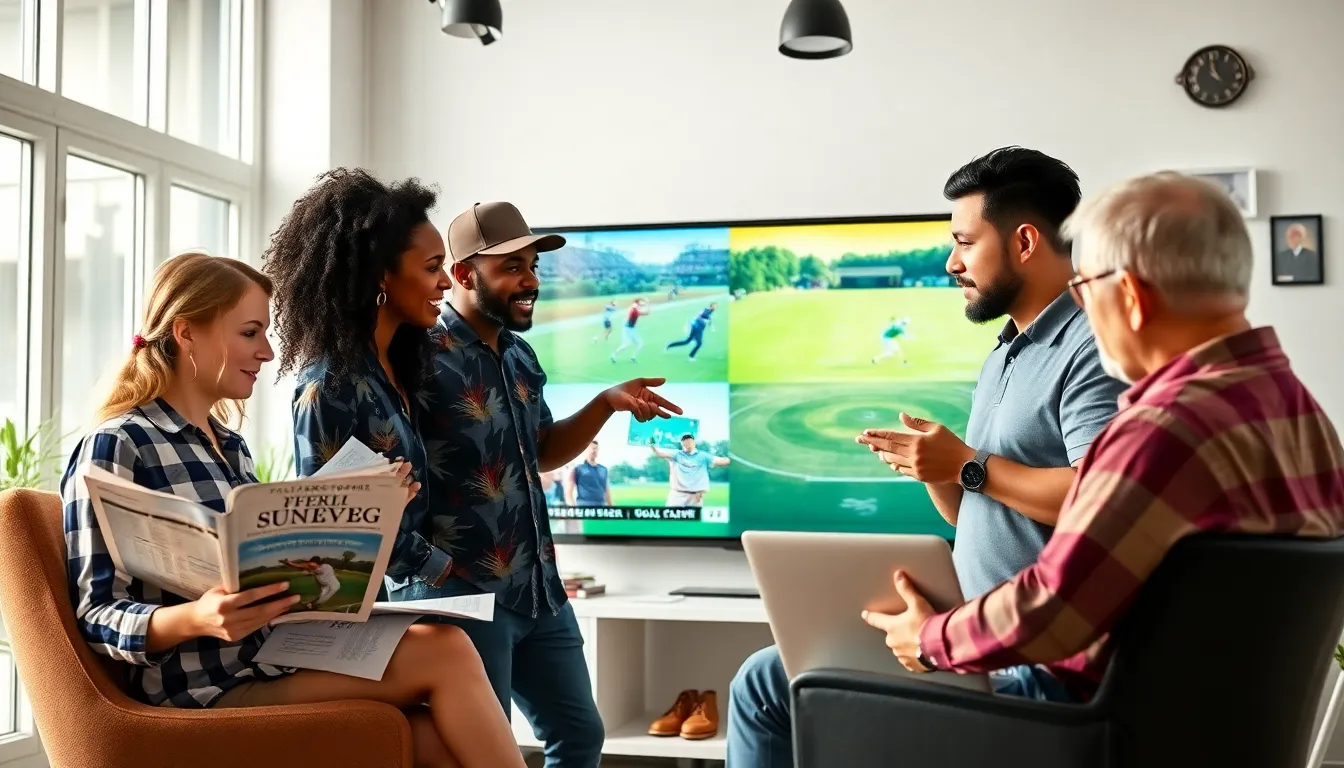 a group of young adults discussing football and golf in a modern office.