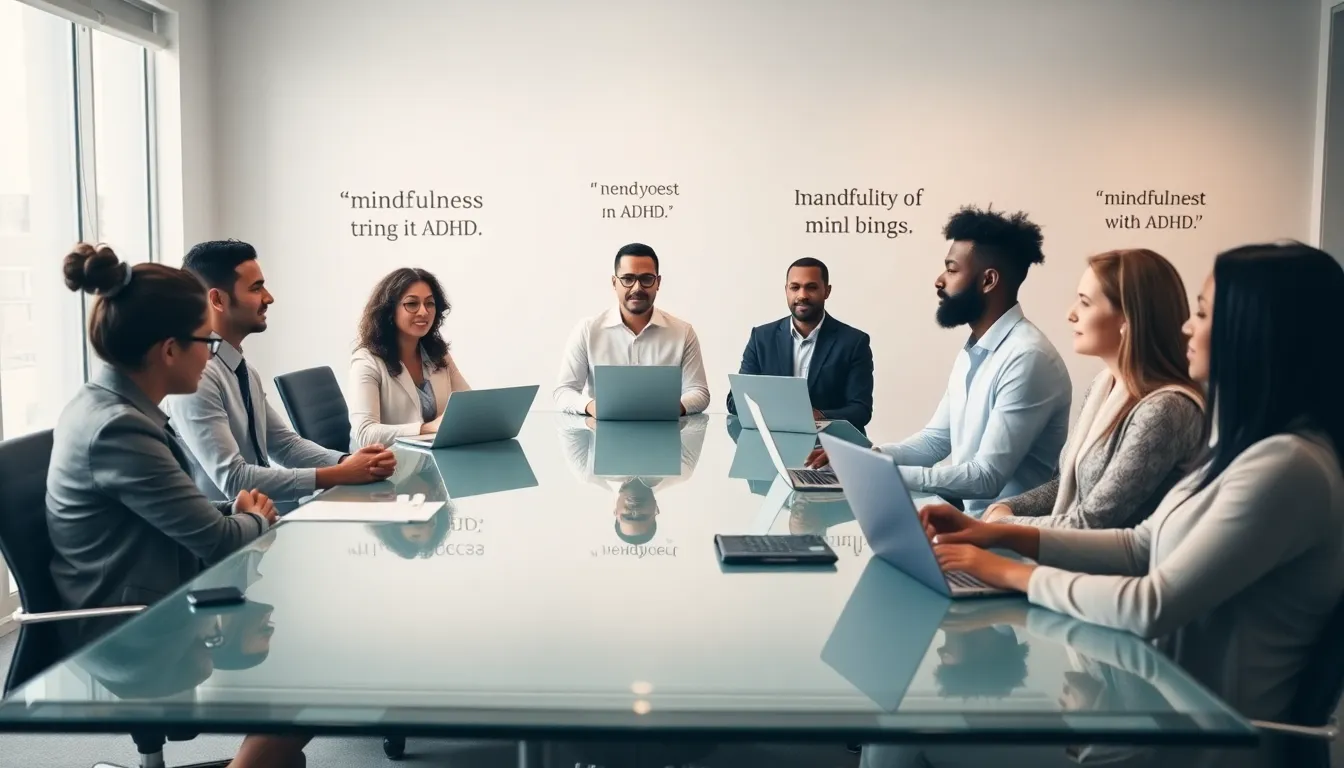 diverse professionals practicing mindfulness in a modern office.