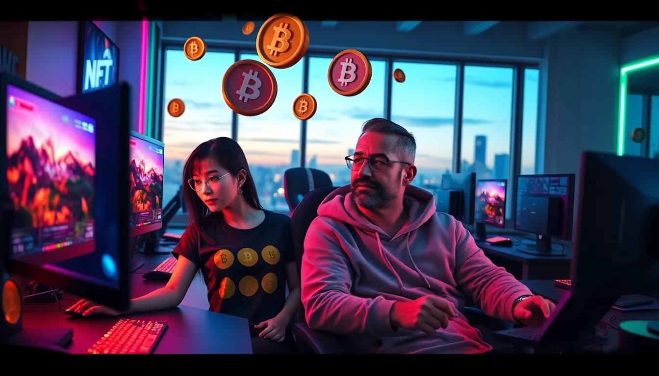 gamers engaging with cryptocurrency in a modern gaming room