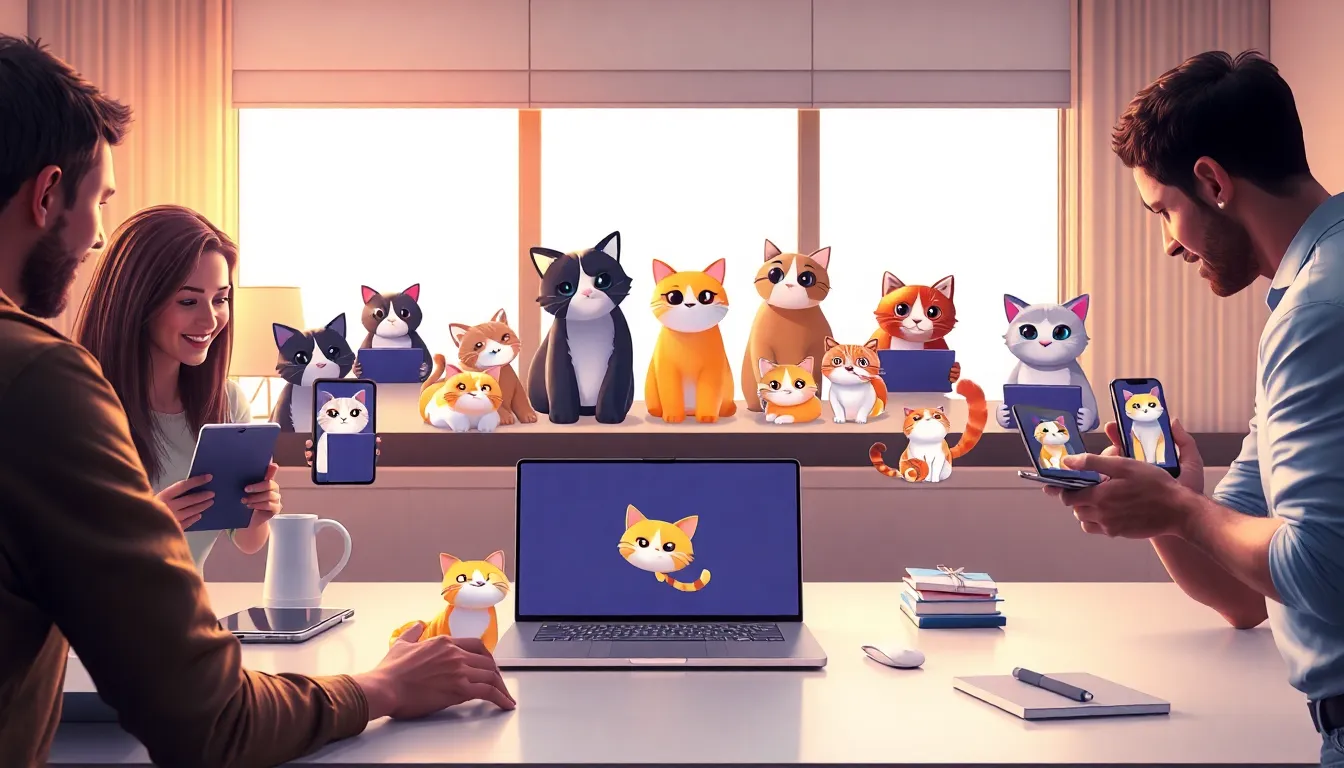 users interacting with unique virtual cats on modern devices.