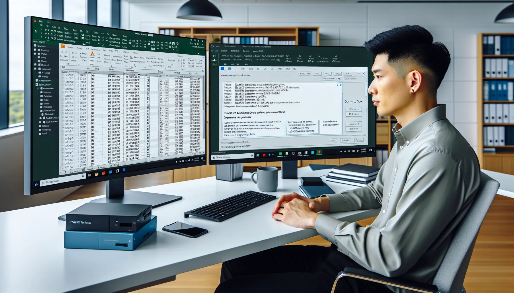 IT professional troubleshooting Power BI Analyze in Excel connection issues in a modern office.