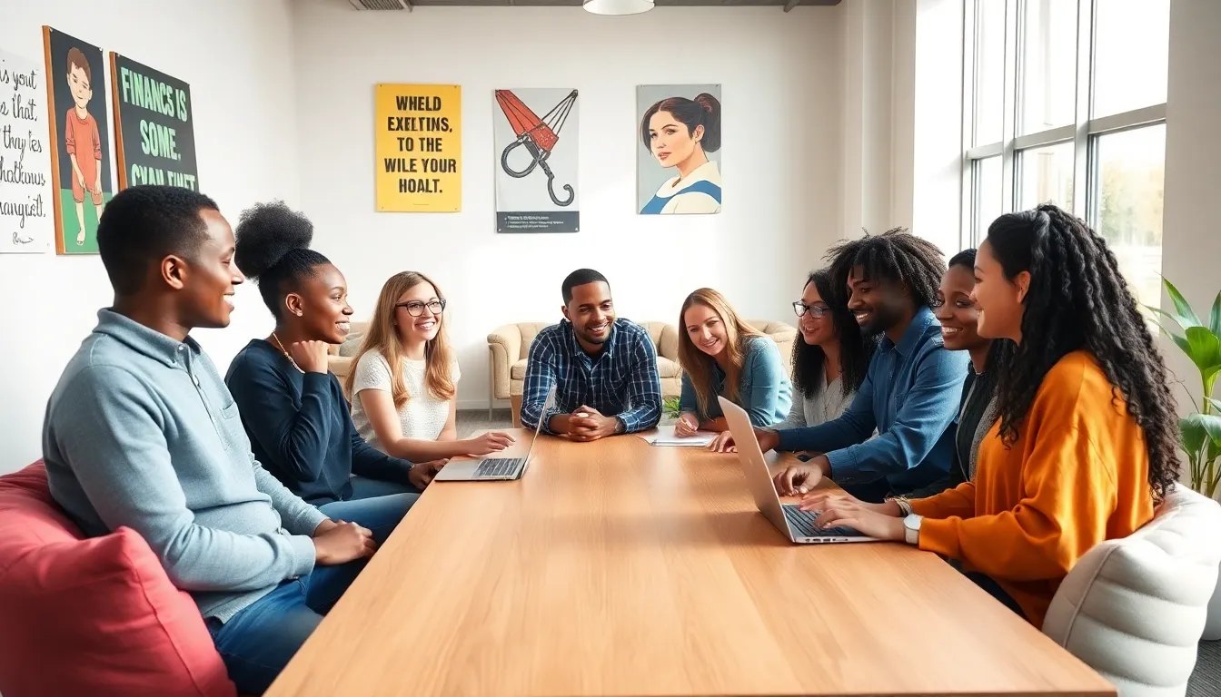 diverse young adults discussing programs for personal development.