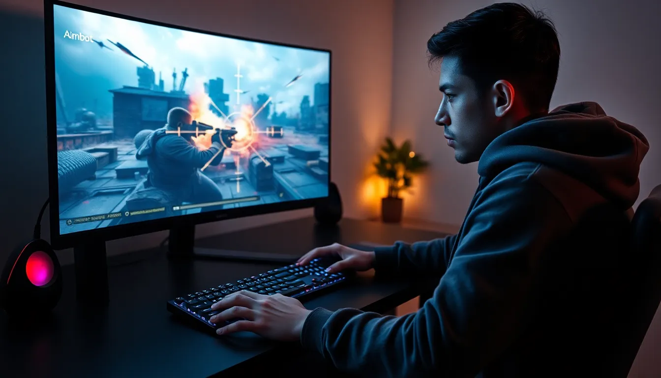 gamer using aimbot in a modern gaming setup.