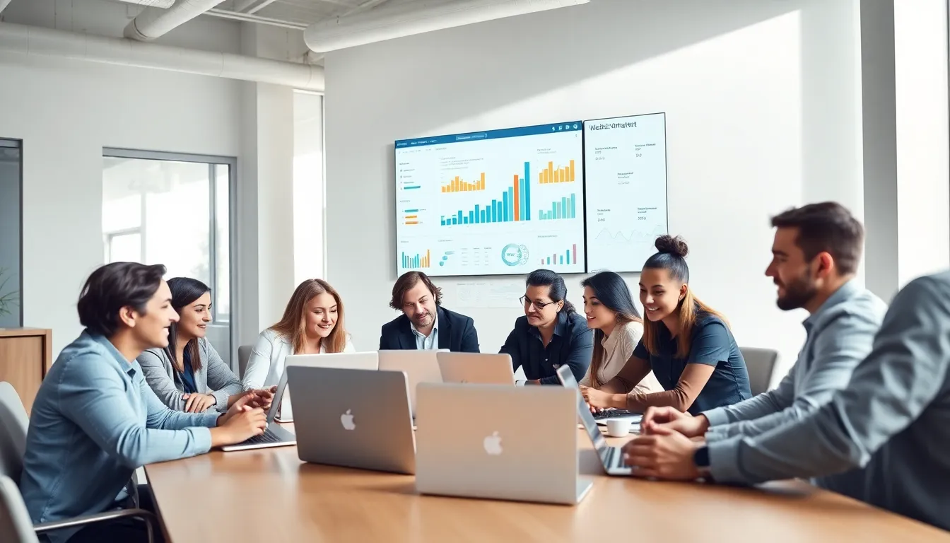diverse team collaborating on digital marketing in a modern office.