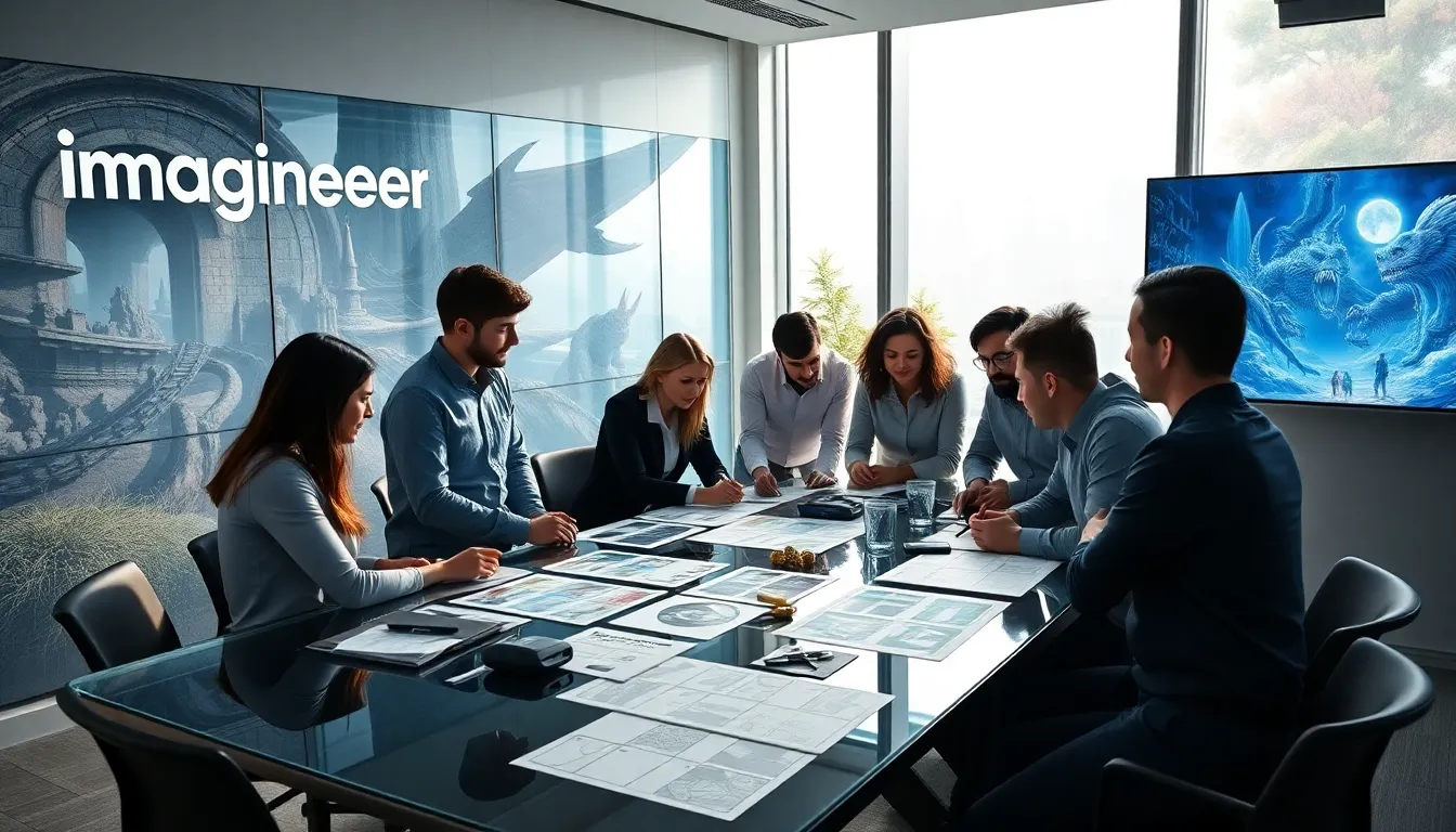 diverse team collaborating in a modern game development office.