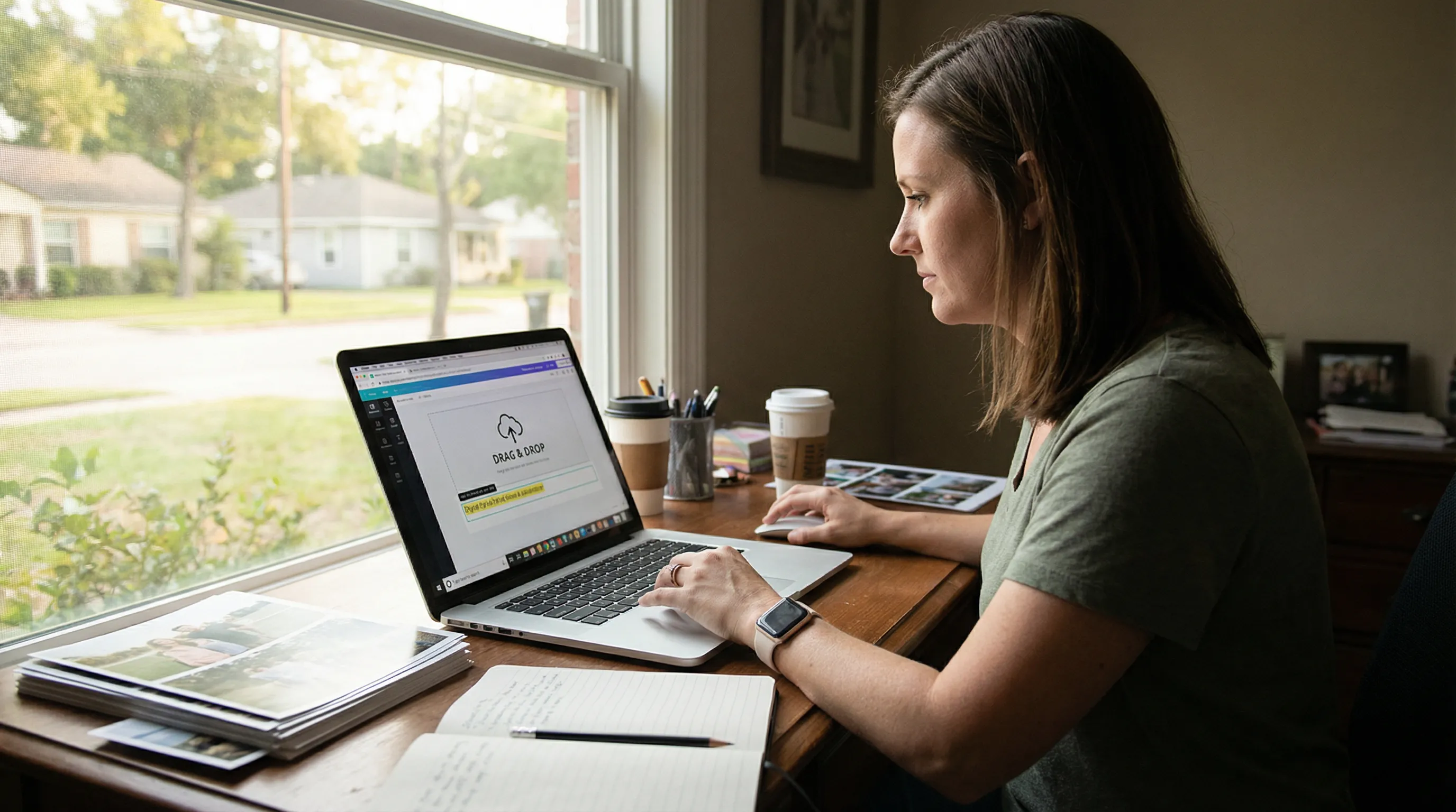 Business owner in a Friendswood office editing images and text on their website using a simple on-screen interface.