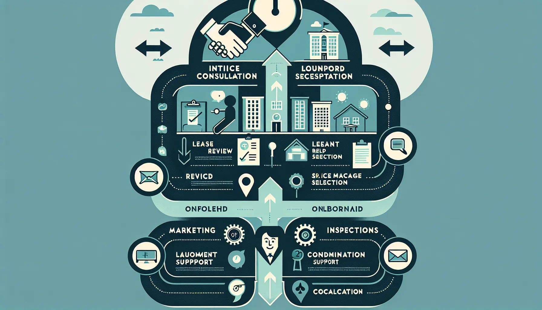 flowchart of landlord support team access steps with regional icons