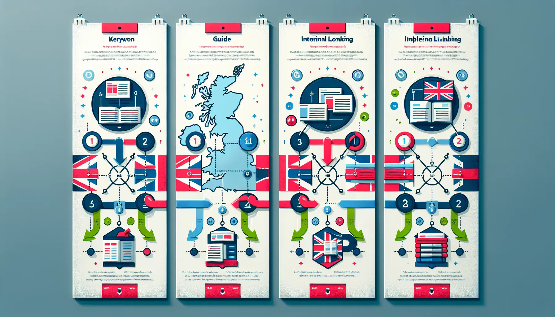 Three-step UK-themed diagram mapping keywords to pages and link clusters.