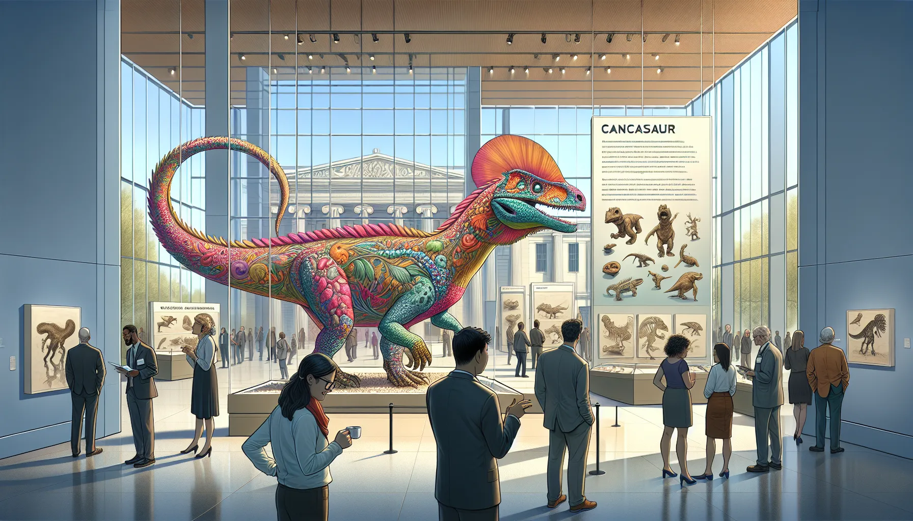 a diverse group exploring a Cancasaur exhibit in a modern museum.