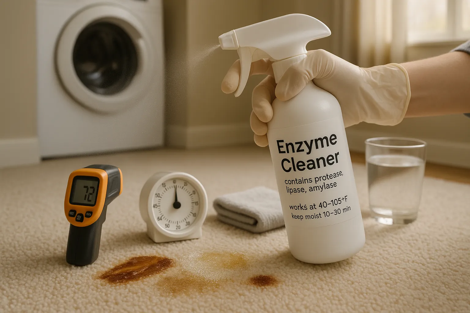 Hand spraying enzyme cleaner on carpet stain with thermometer and timer nearby.