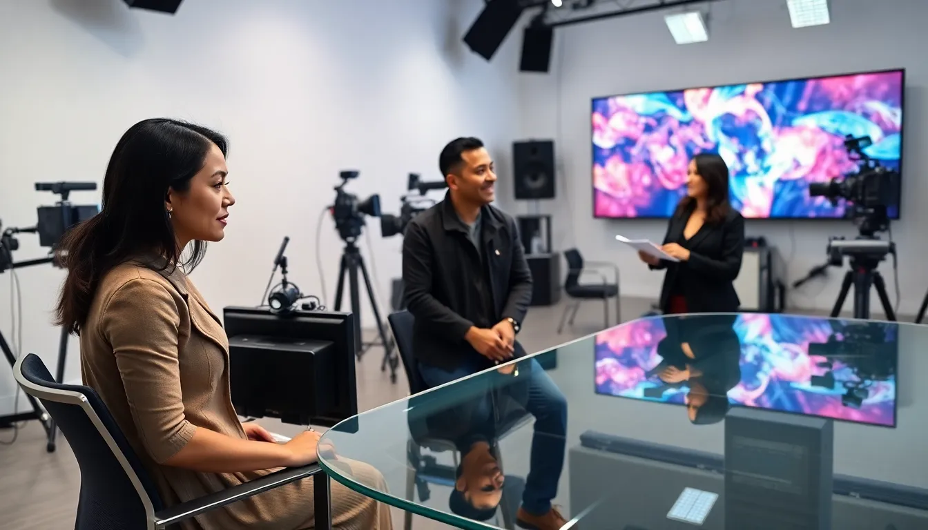 diverse professionals working in a modern audio video technology studio.