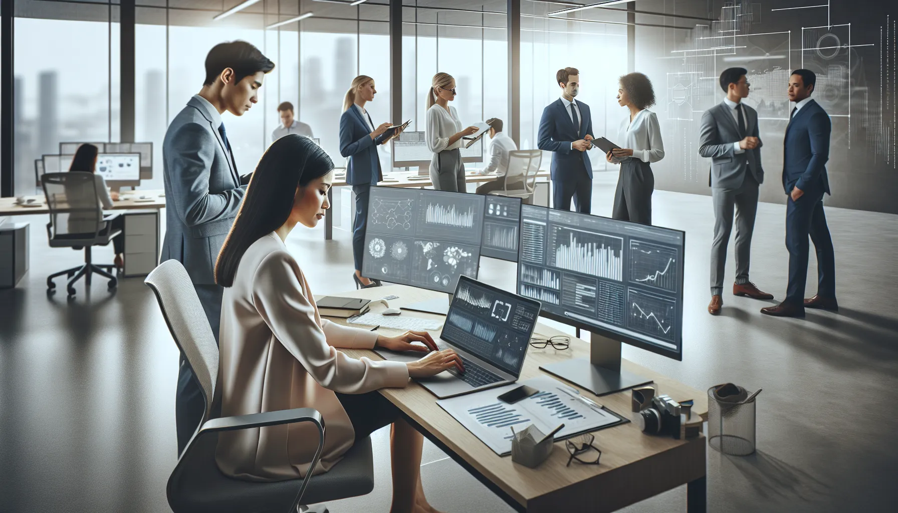 diverse team collaborating in a modern office on technology-related tasks.