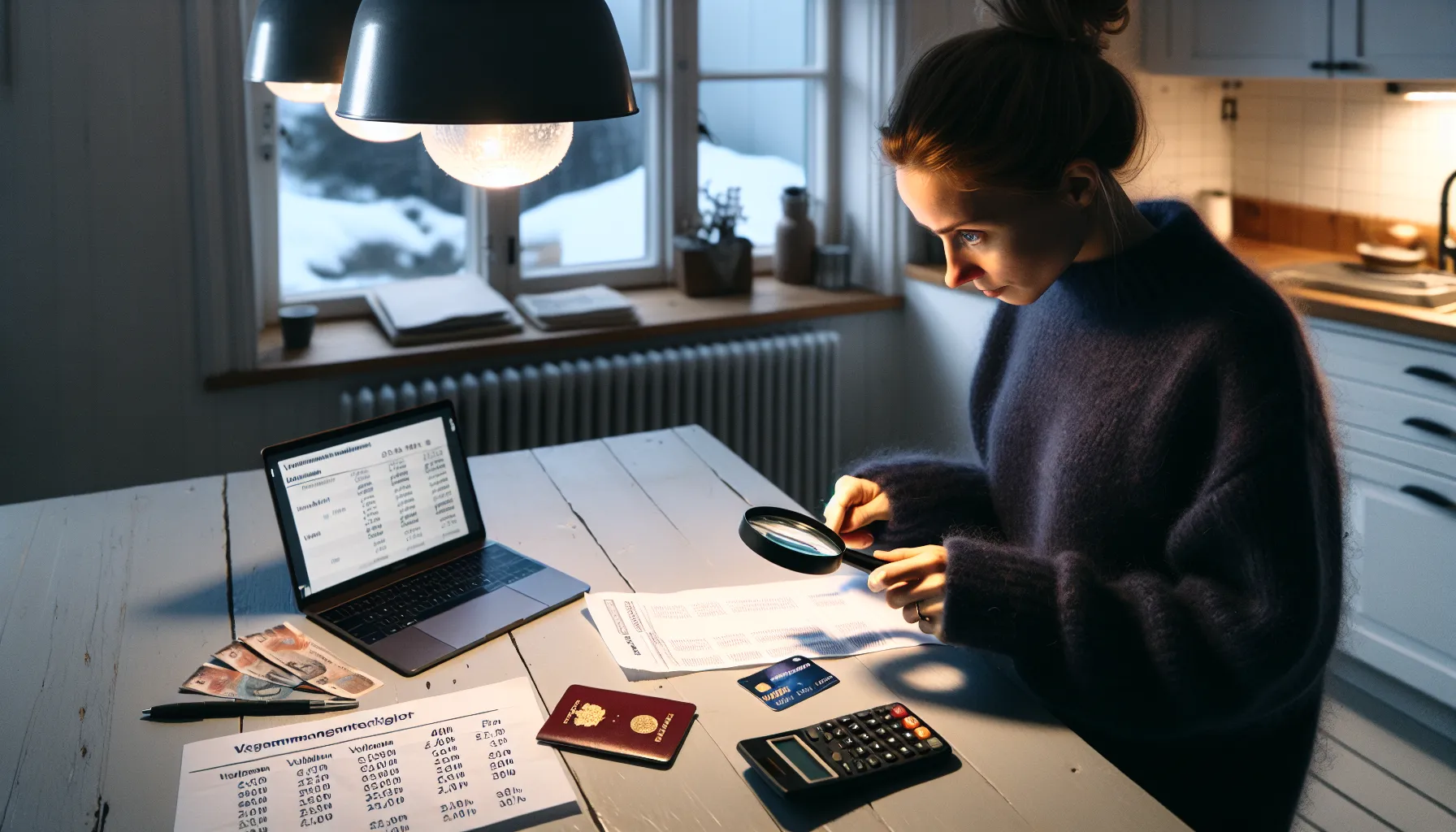 Hvordan sammenligne kredittkort basert på skjulte gebyrer 2 Woman examining hidden credit card fees with magnifying glass at norwegian table.