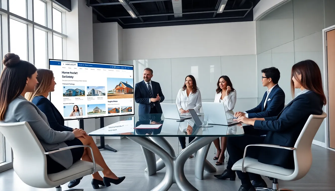 diverse real estate team in a modern office meeting.