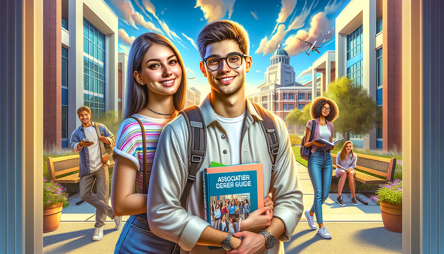 Two students at a campus, symbolizing educational paths of associate's and bachelor's degrees.