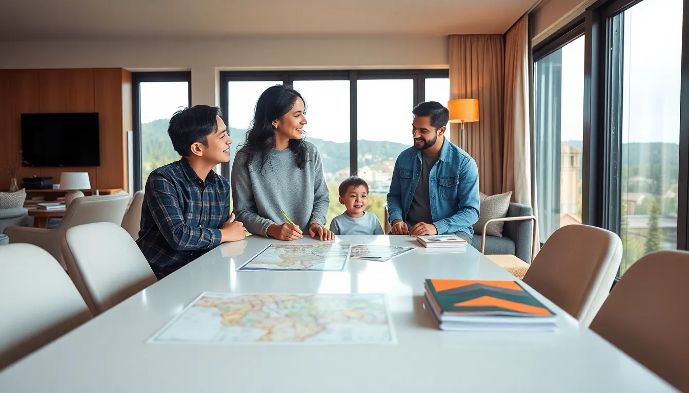 diverse group discussing vacation rental options in a stylish setting.