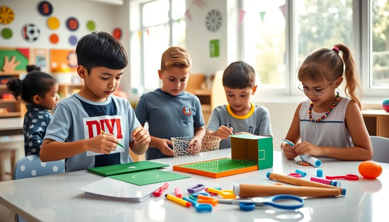 children creating sports crafts in a colorful, bright classroom.