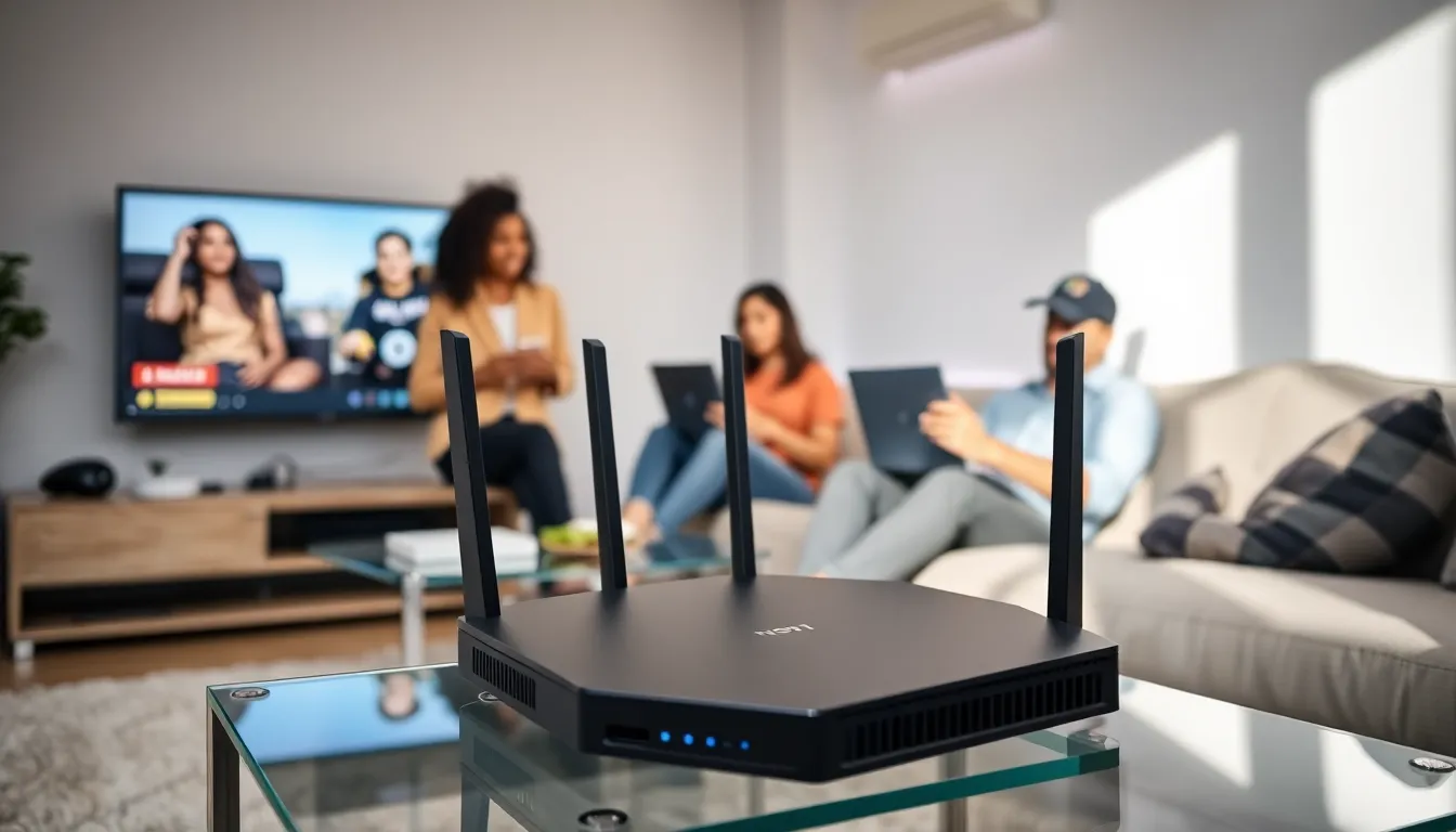 family using connected devices in a modern living room.