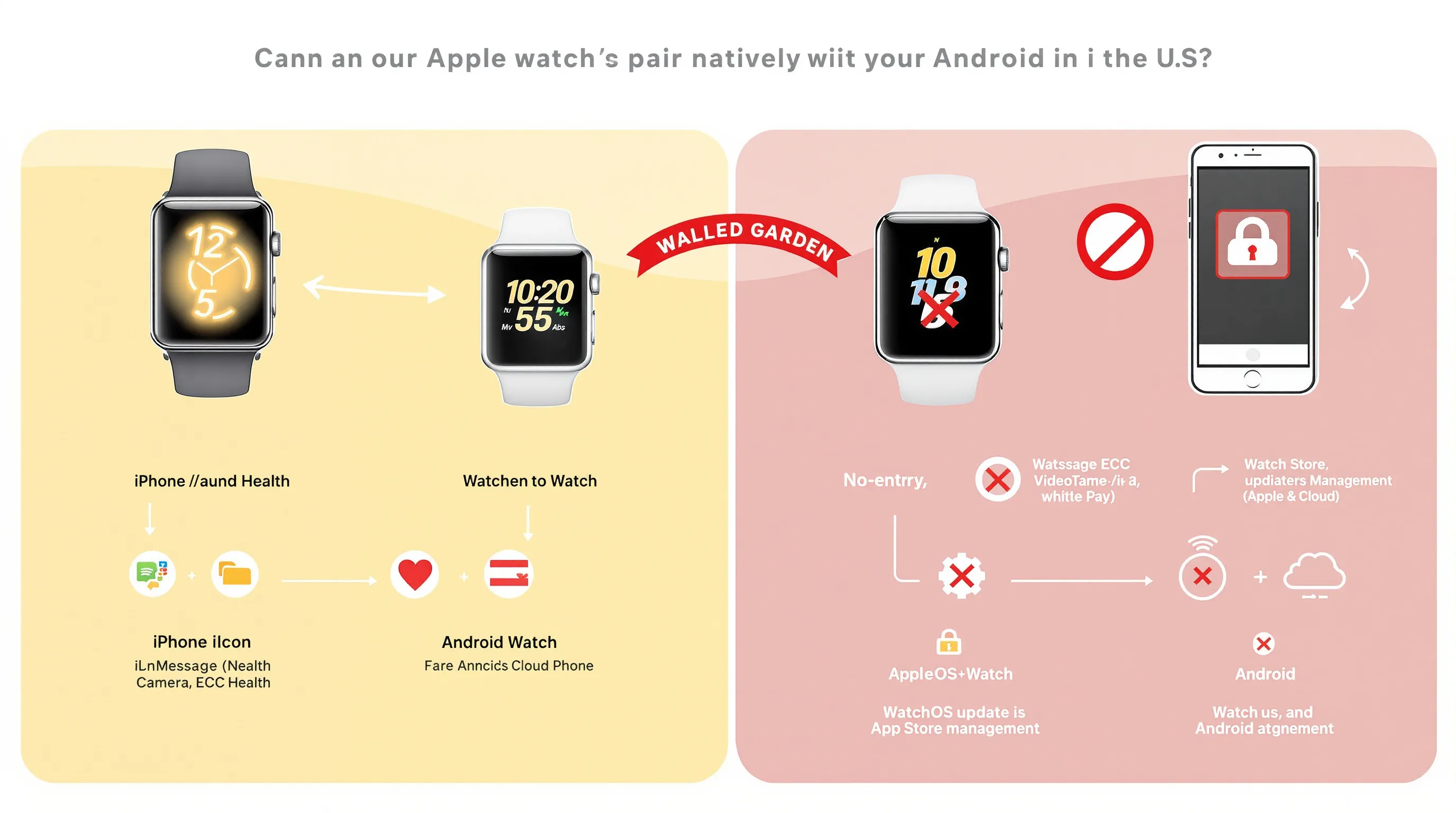 Comparison graphic showing Apple Watch blocked from pairing with an Android phone.