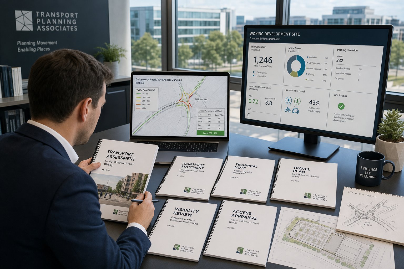 Traffic engineer reviewing planning transport reports in a modern Woking office.