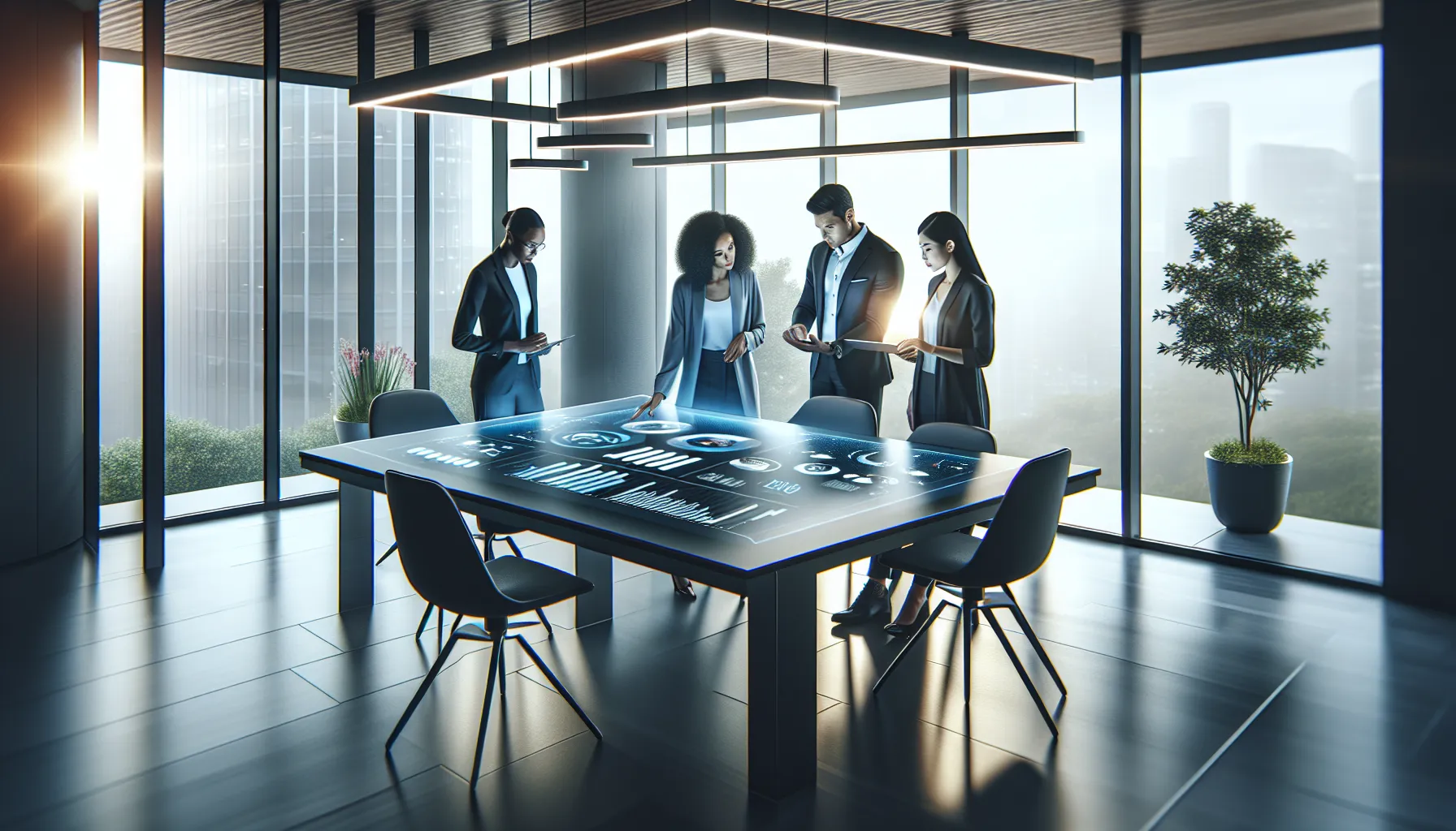 diverse team discussing rewards program in a modern office.