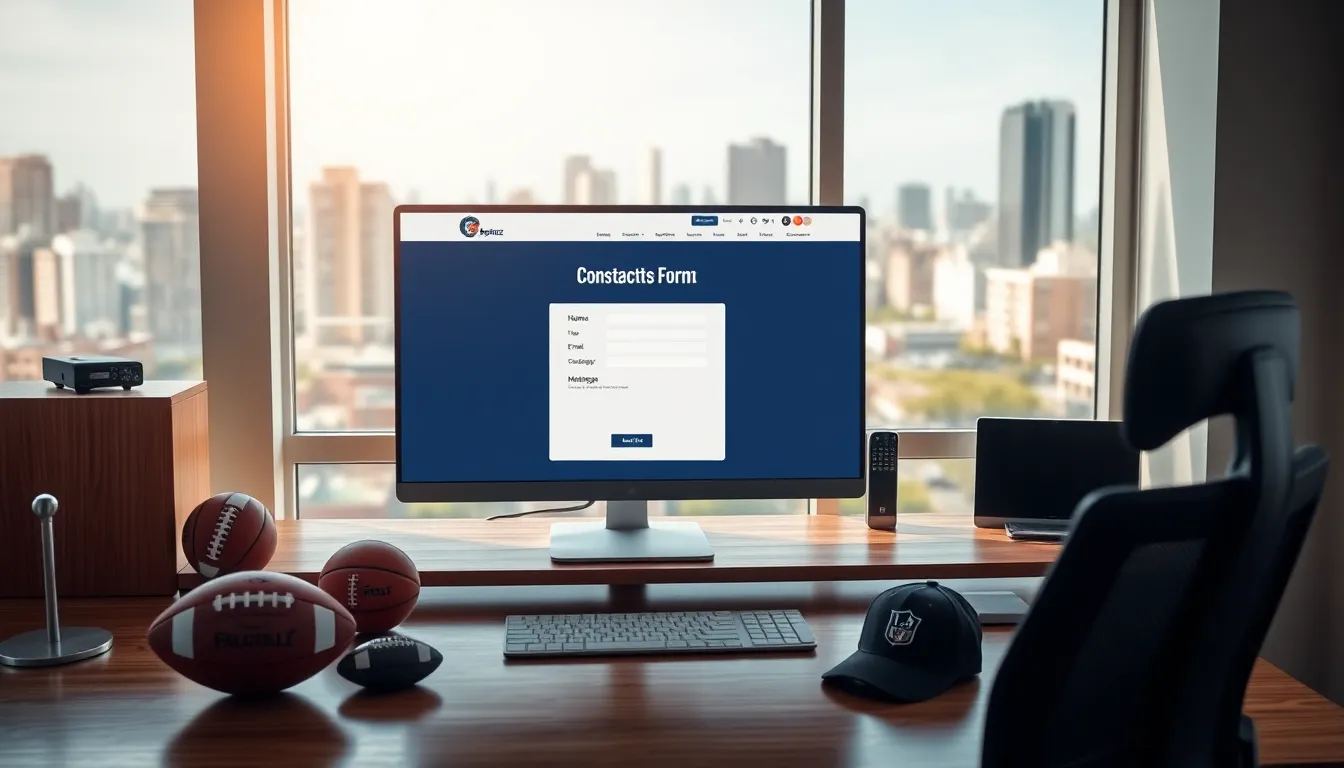 A desk with a computer showing the LatestSportsBuzz contact form.