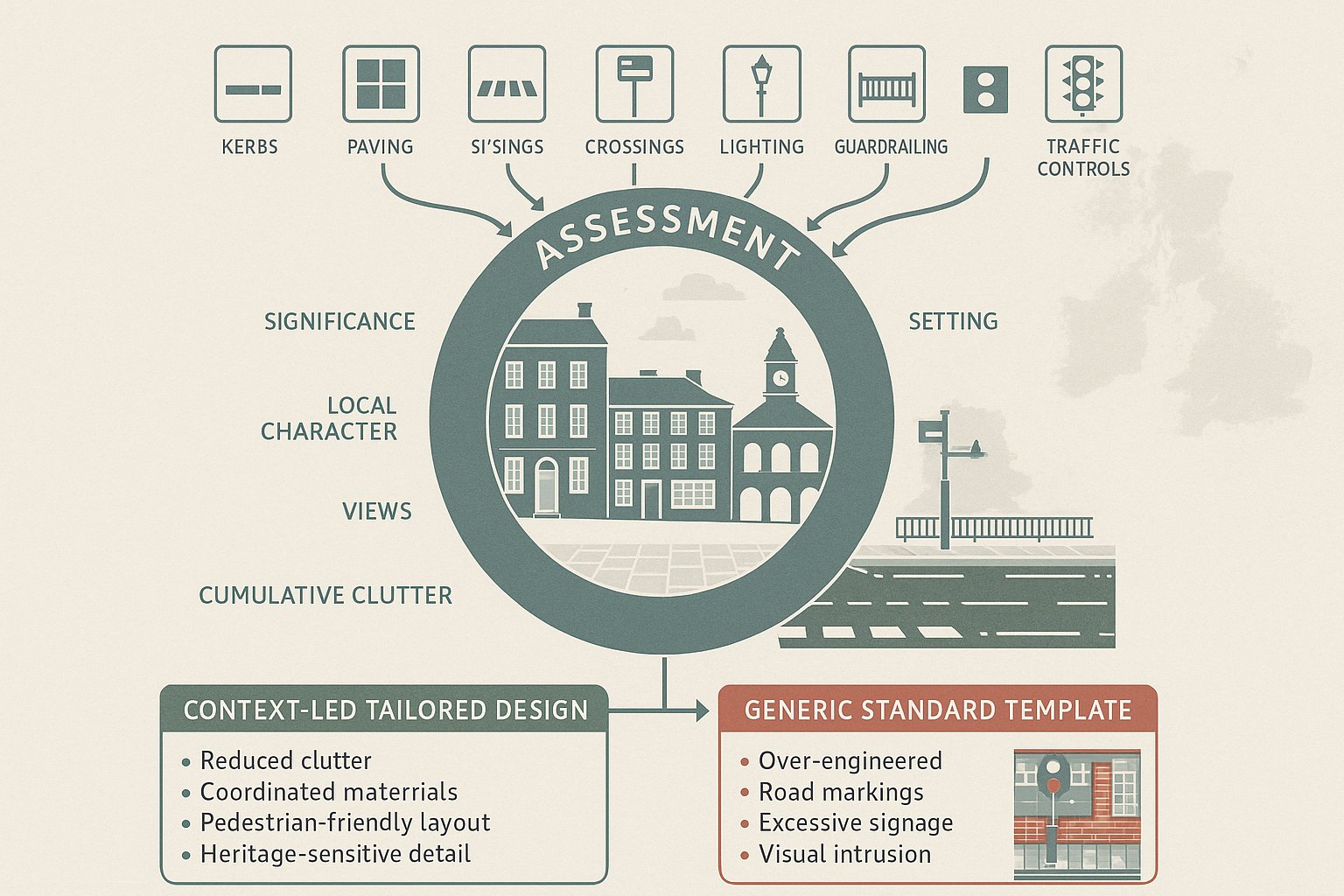 Infographic showing context-led street design for historic places in the United Kingdom.