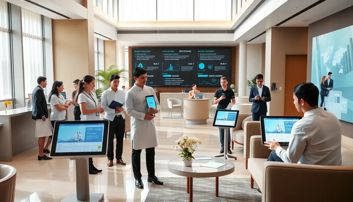 diverse hotel staff using AI technology in a modern lobby.
