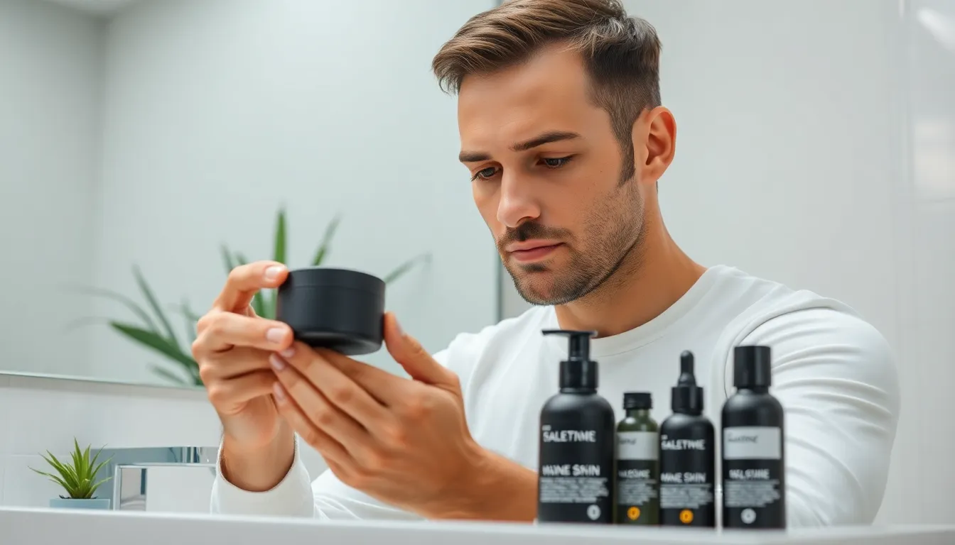 man applying male skin care products in a modern bathroom.