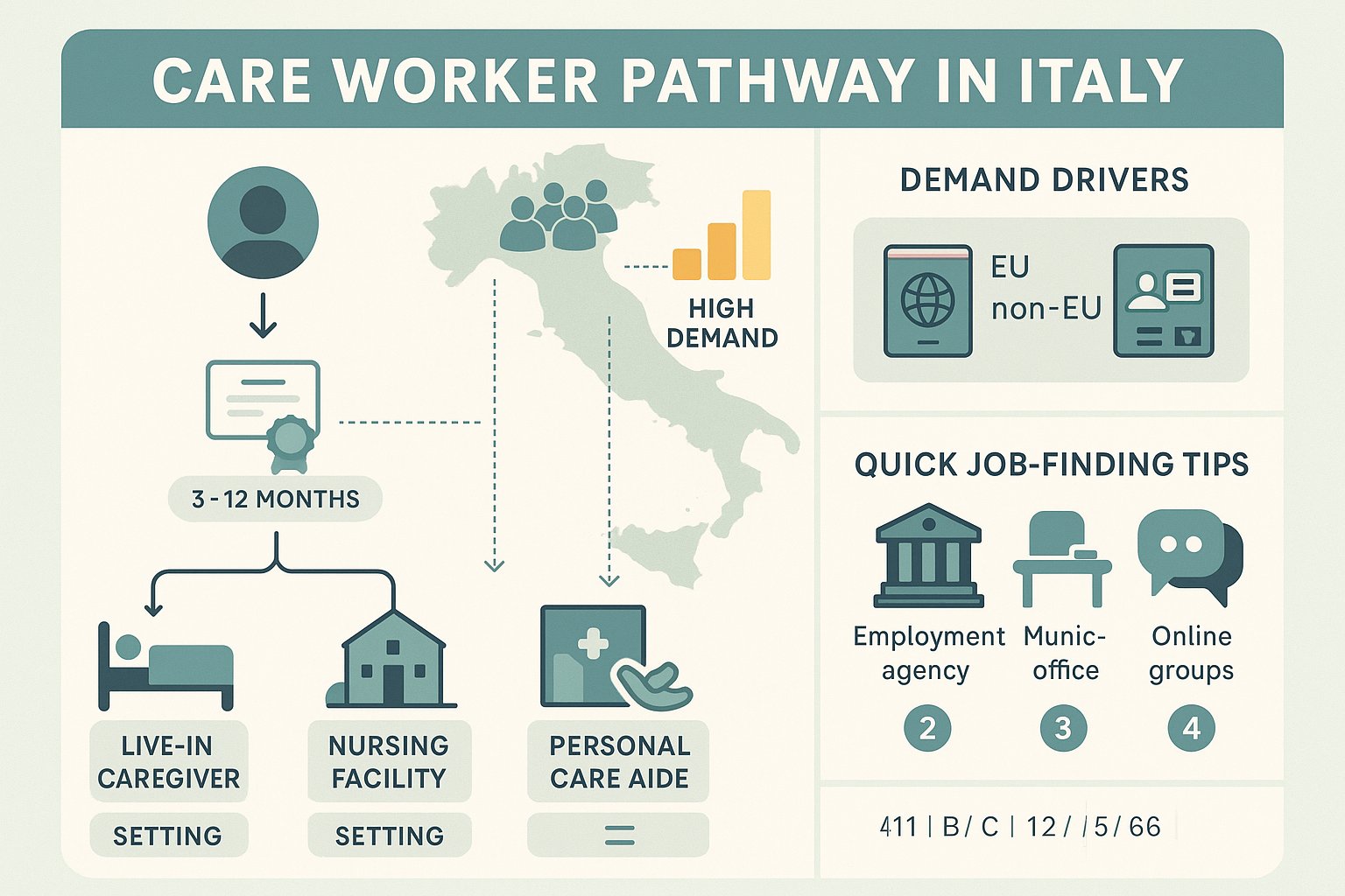 Infografica dei percorsi per operatori di assistenza, requisiti e consigli per la ricerca di lavoro in Italia.
