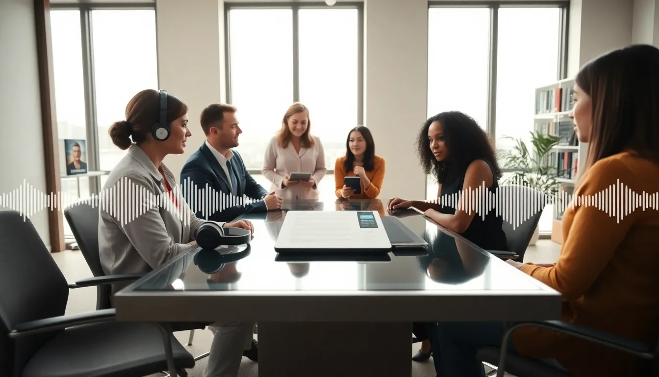 professionals discussing audiobook technology in a modern office.