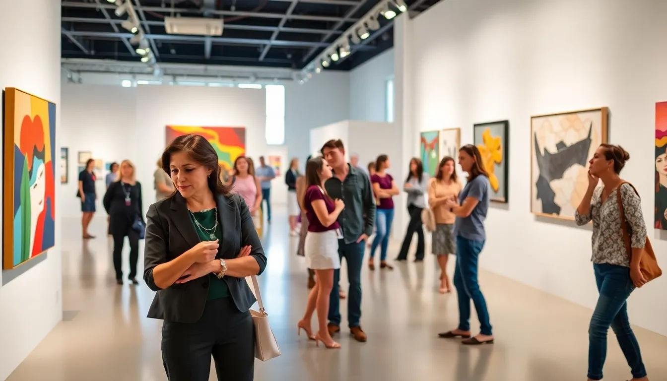diverse group enjoying modern art in an exhibition space.