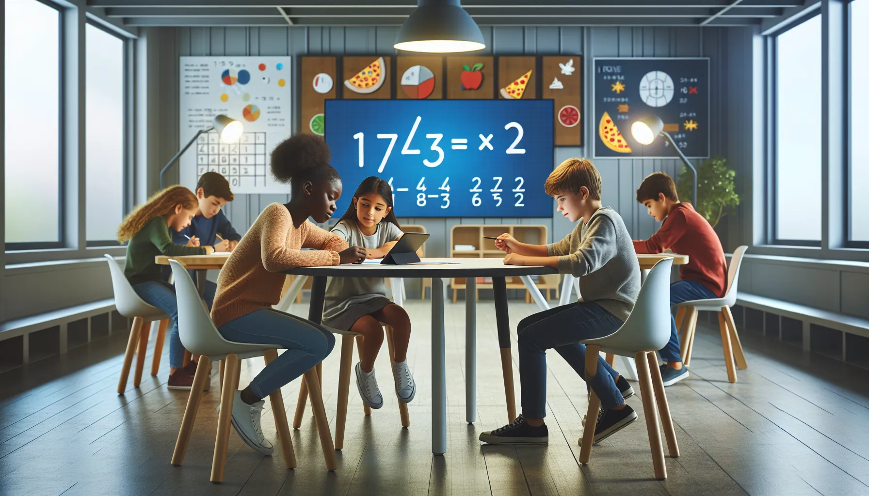 students collaborating on multiplication problems in a modern classroom.