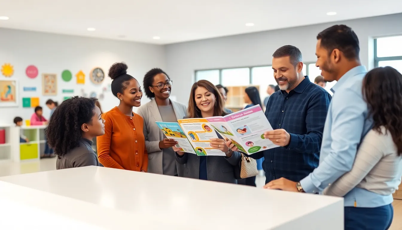 diverse parents discussing child care vouchers at a modern daycare.