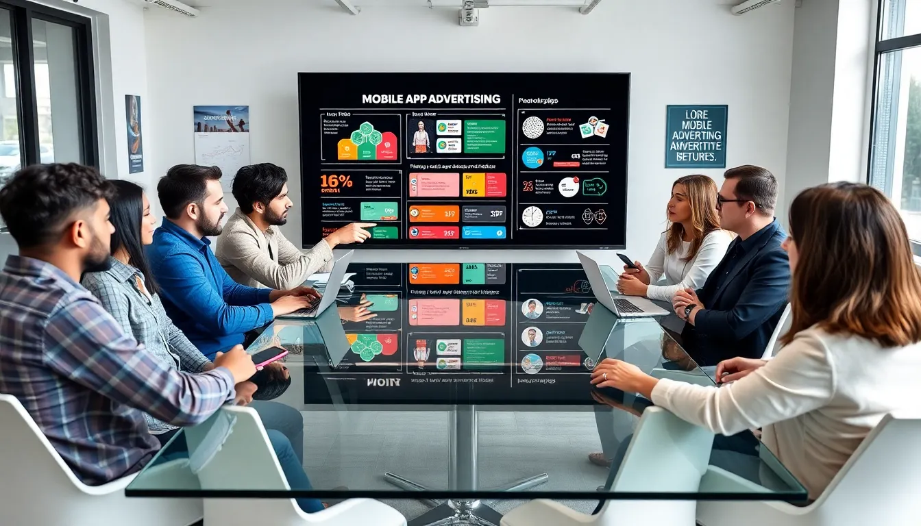 diverse team discussing mobile app advertising strategies in a modern office.