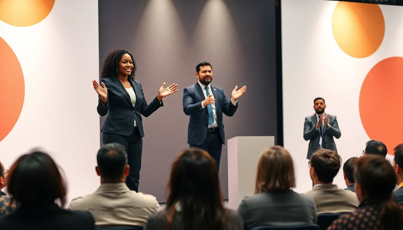 motivational speakers engaging an attentive audience in a modern setting.