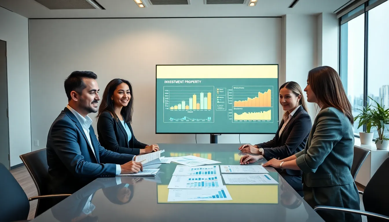diverse team discussing investment property loan options in a modern office.