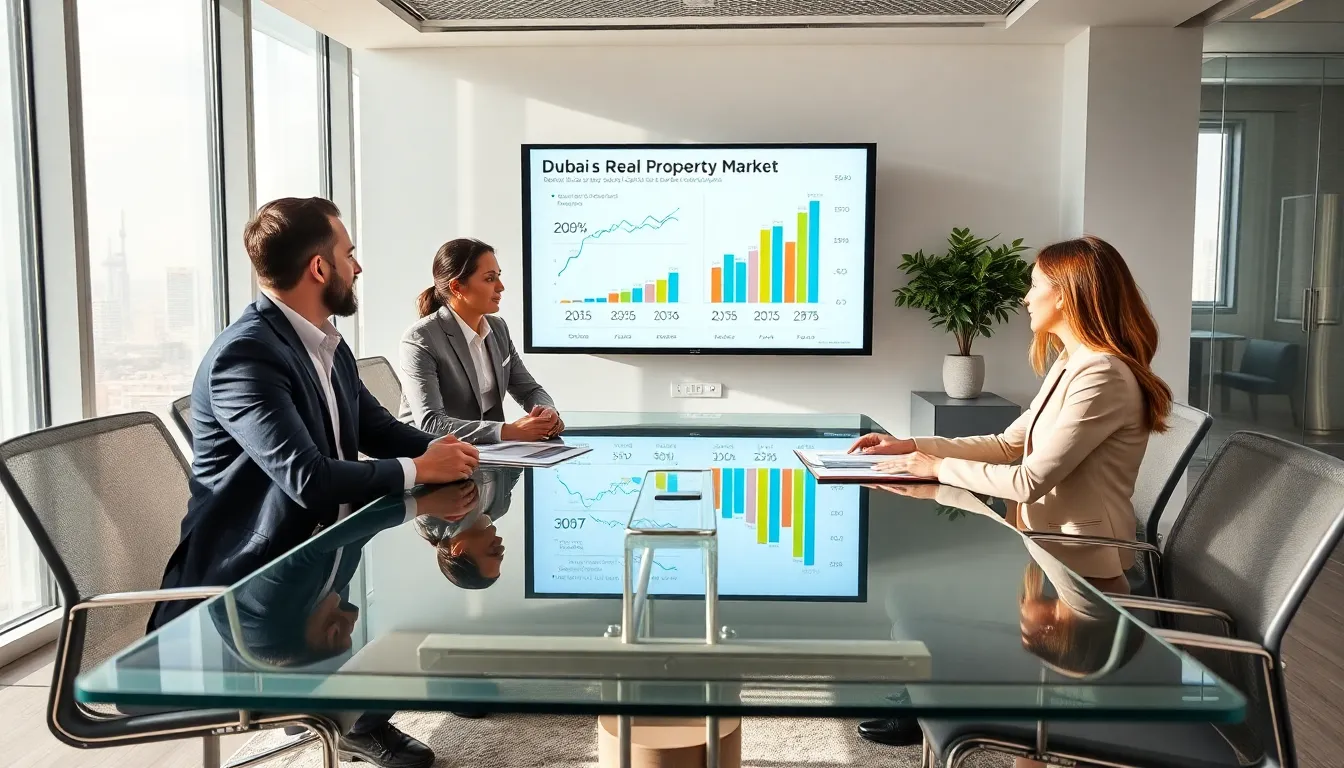 professionals discussing Dubai real estate in a modern office.