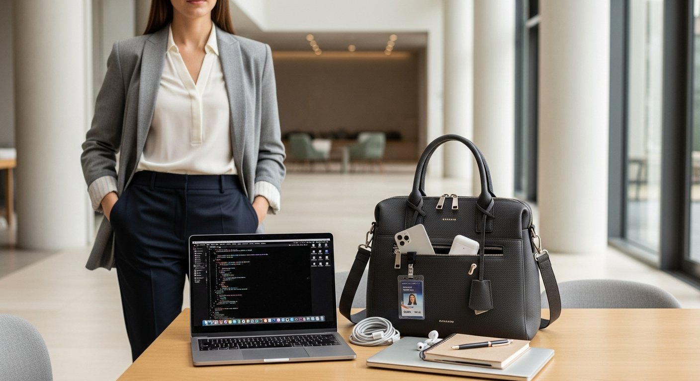 Professional woman with a structured designer work handbag and laptop in office.