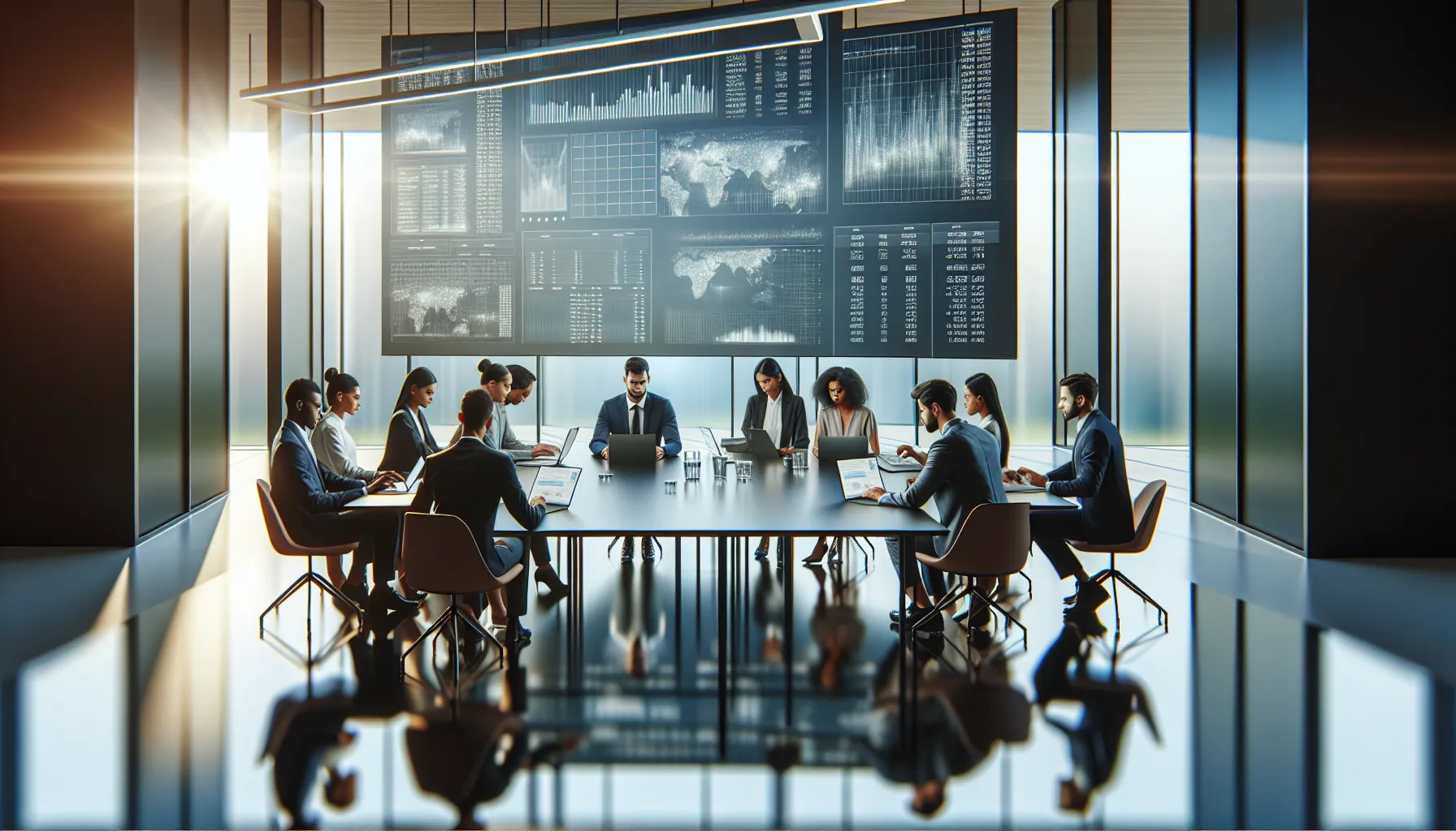 diverse team analyzing numerical data in a modern office.