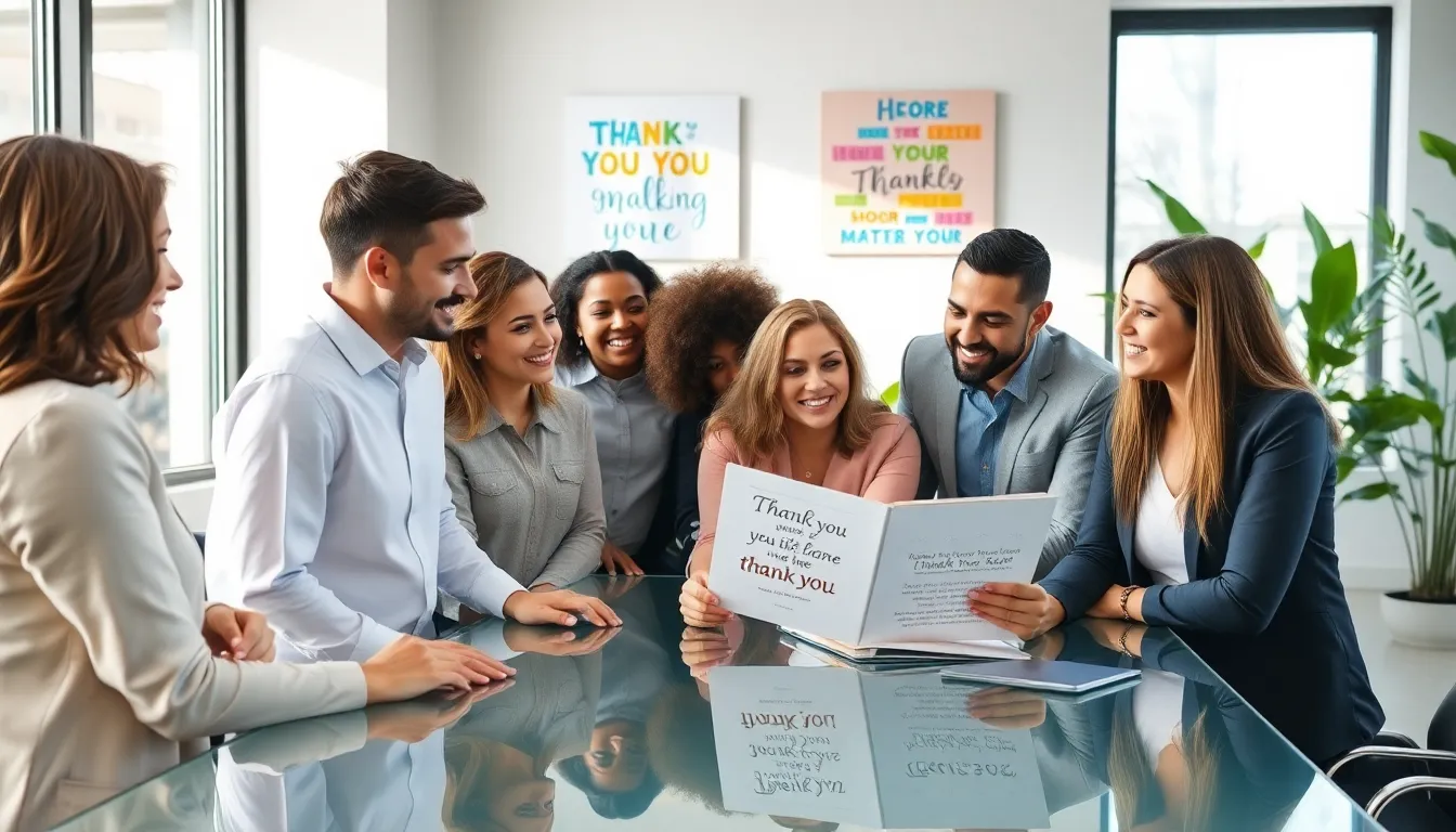 diverse team discussing gratitude quotes in a modern office.