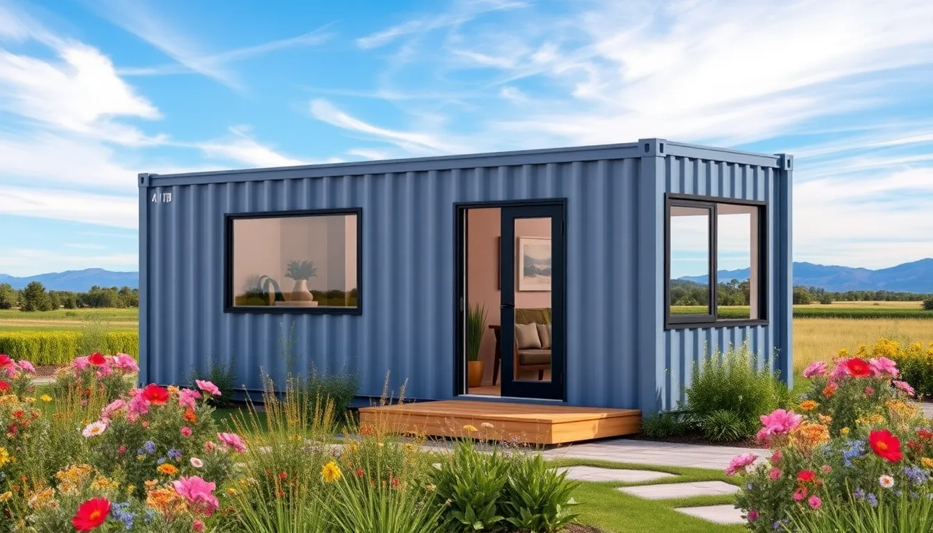 modern tiny container home surrounded by greenery.