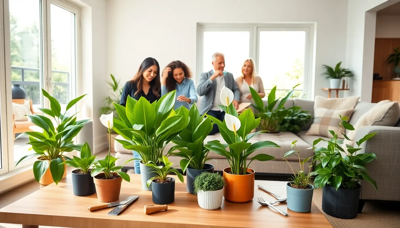 diverse people tending to flowering house plants in a bright living room.
