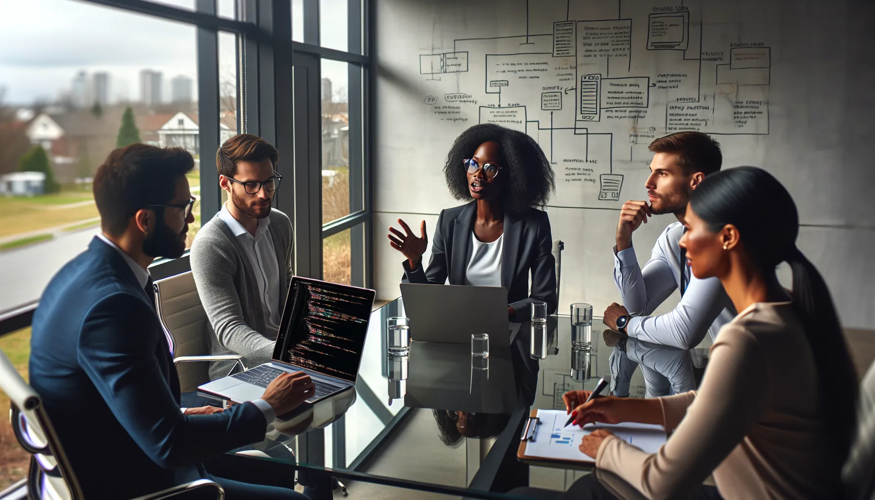 diverse team discussing coding and data management in a modern office.