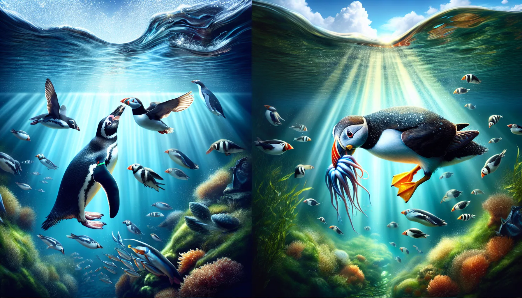 A penguin and puffin feeding underwater, highlighting their dietary habits.
