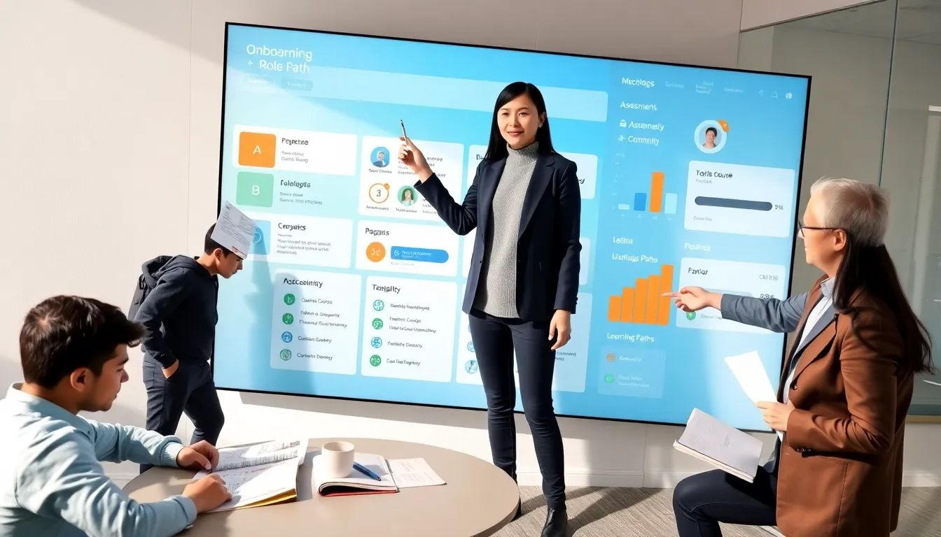 Person using an interactive learning hub dashboard with colleagues collaborating nearby.