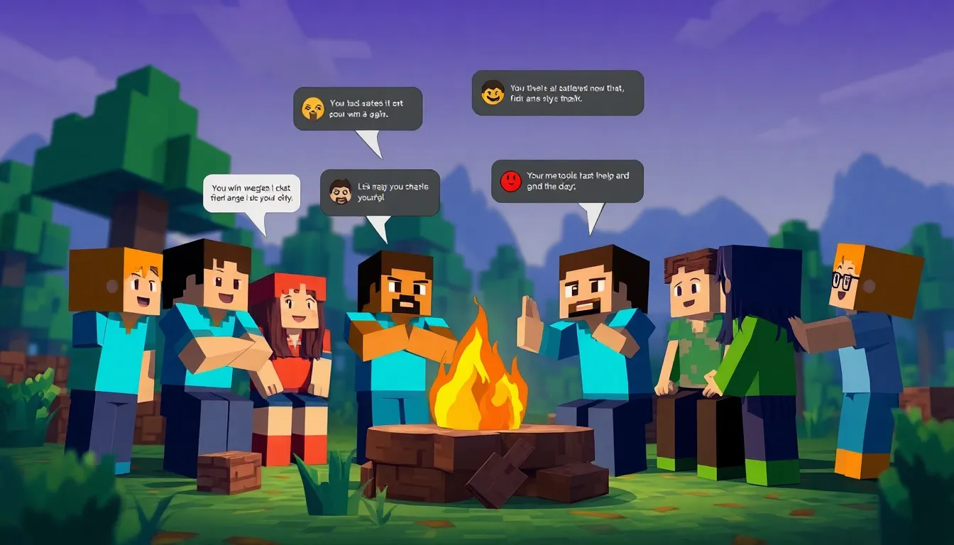 Minecraft avatars chatting around a campfire in a colorful setting.