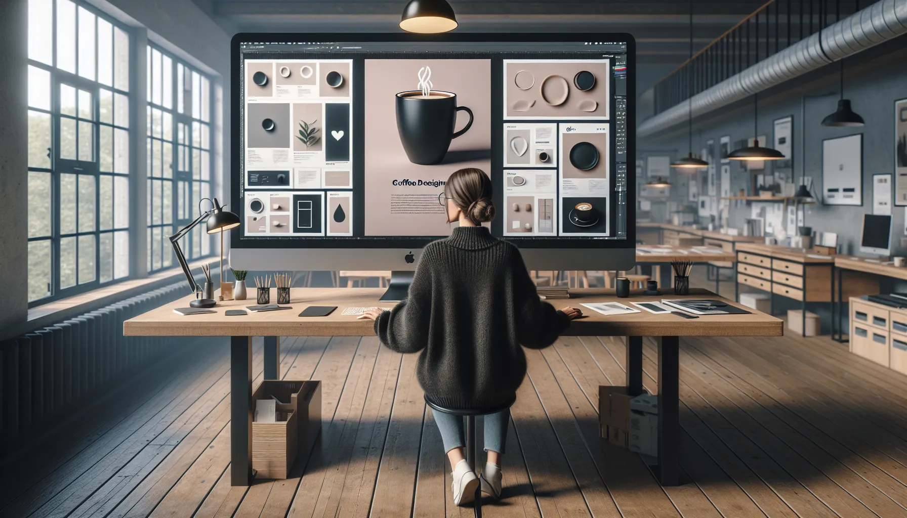 Norwegian designer compares nearly identical poster designs on a monitor in a studio.