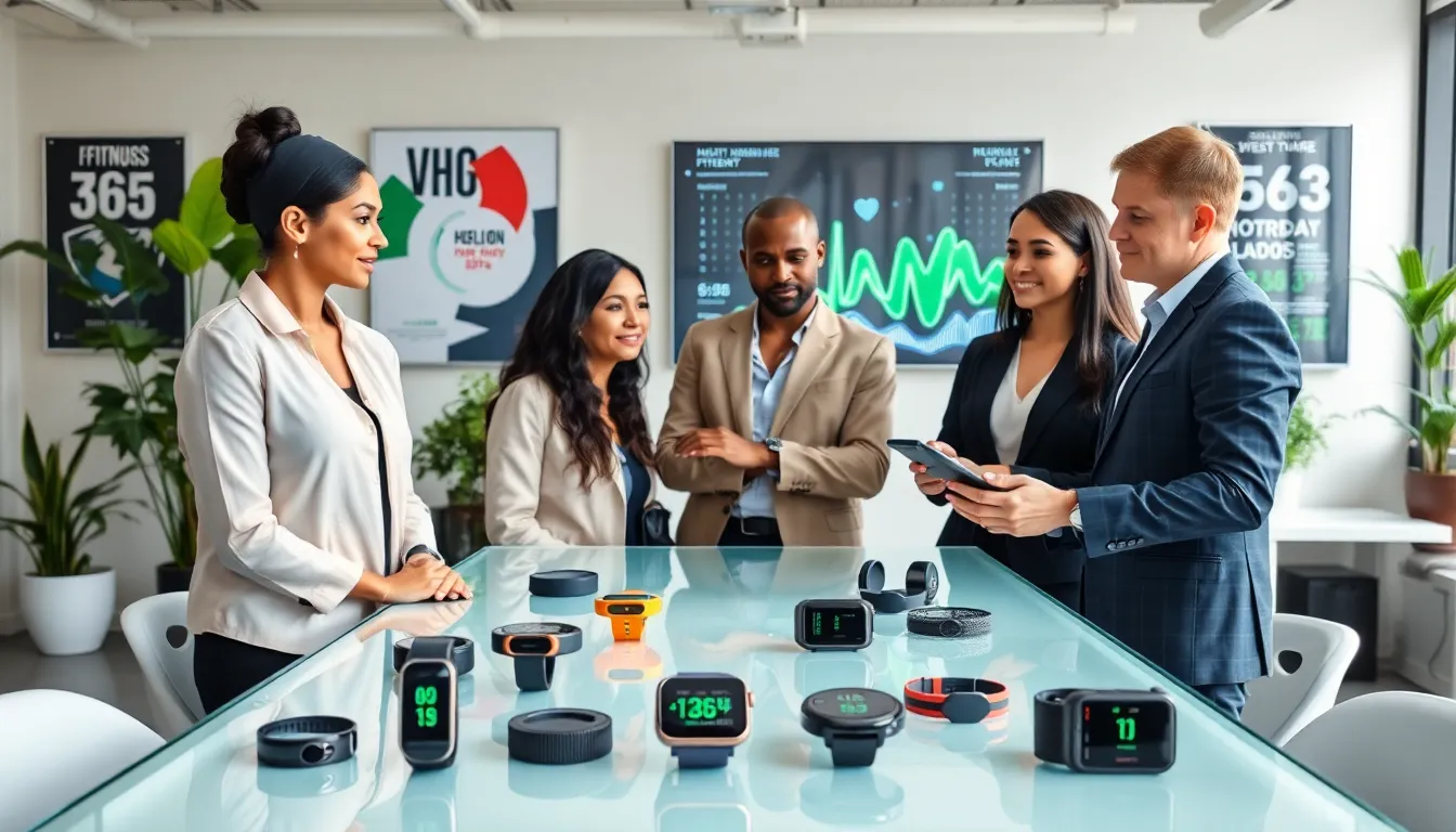 diverse professionals discussing fitness gadgets in a modern office.