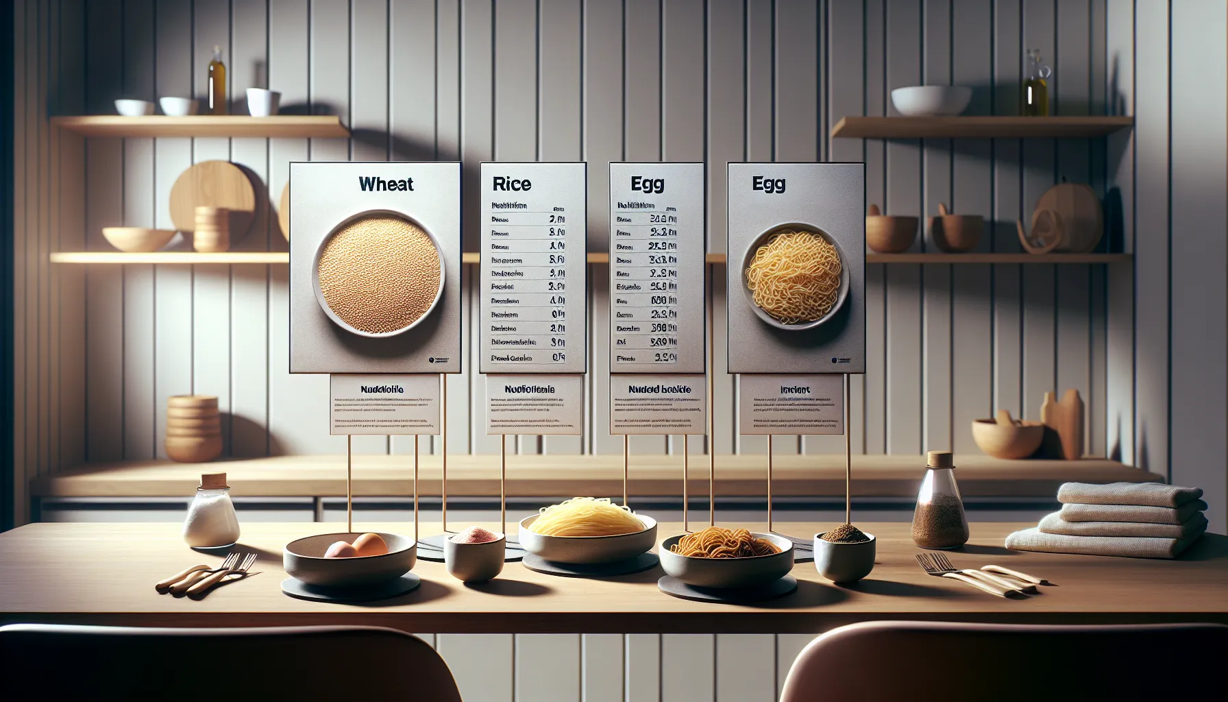 Different types of uncooked noodles with nutritional info cards on a modern table.